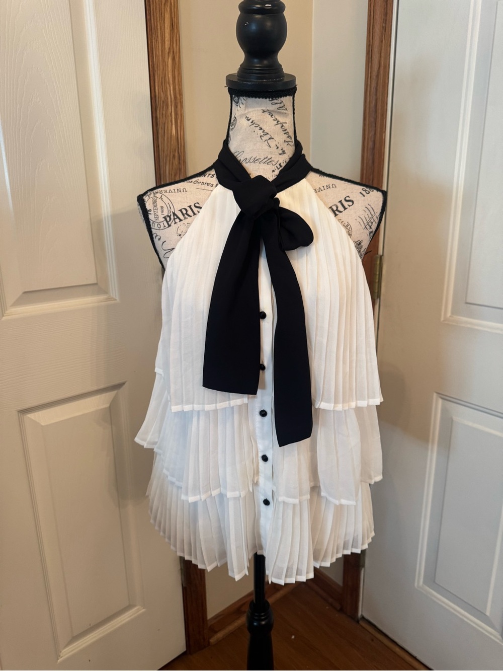 White House Black Market White Tiered Pleated Halter Top with Black Neck Tie